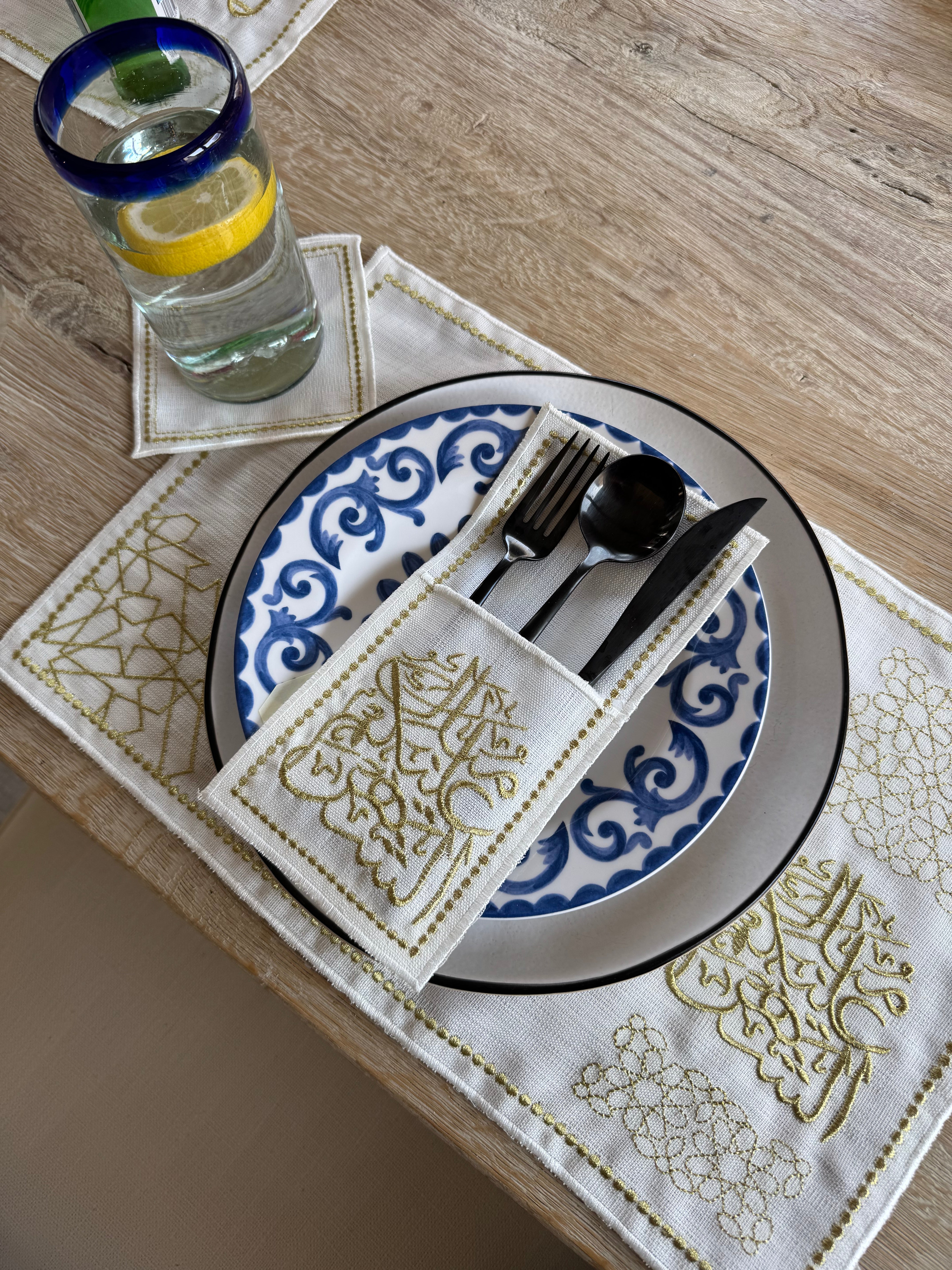 Linen Ramadan Embroidery Gold Linen Placemats Table Runner Coasters Cutlery Pouche