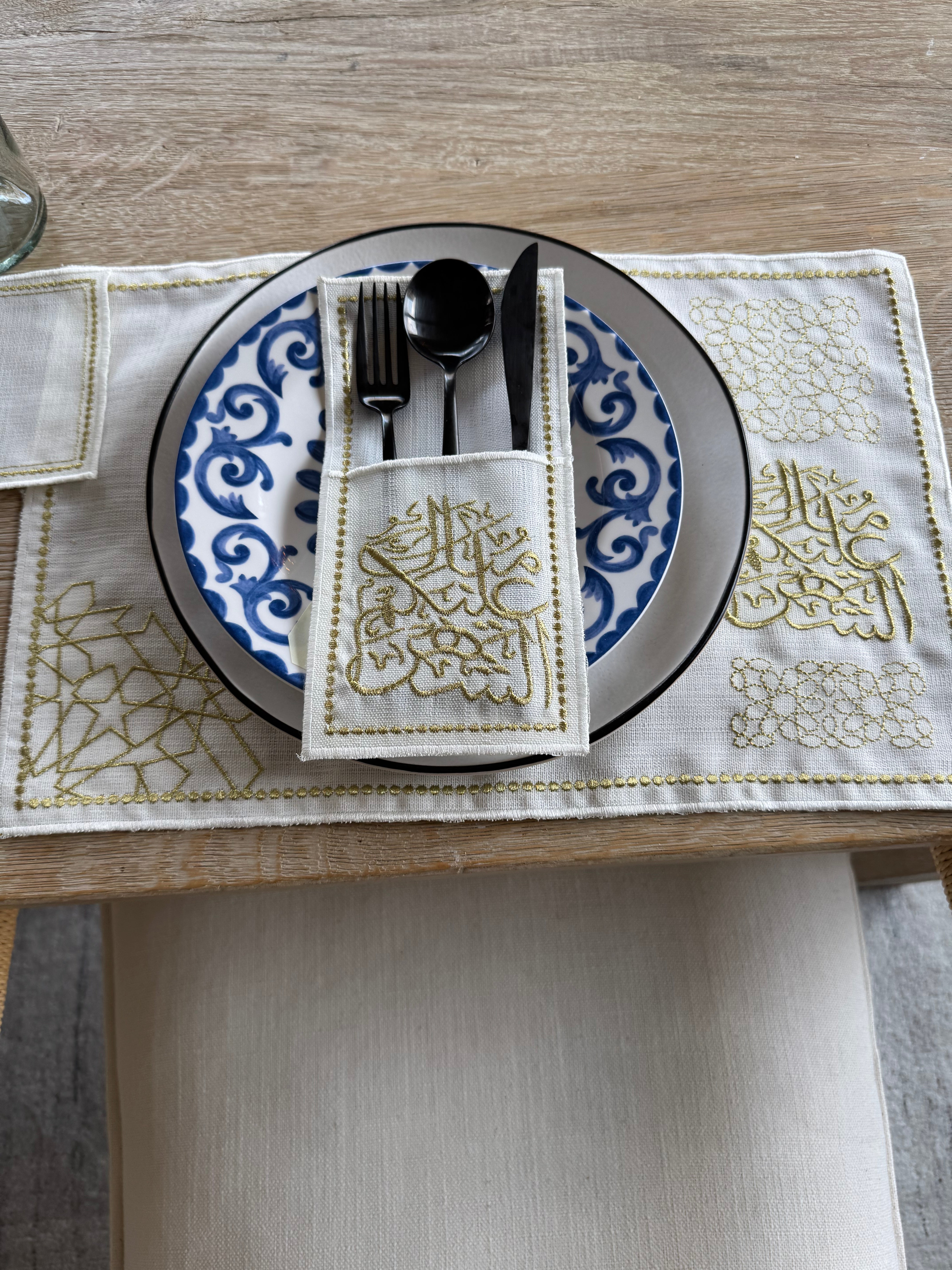Linen Ramadan Embroidery Gold Linen Placemats Table Runner Coasters Cutlery Pouche