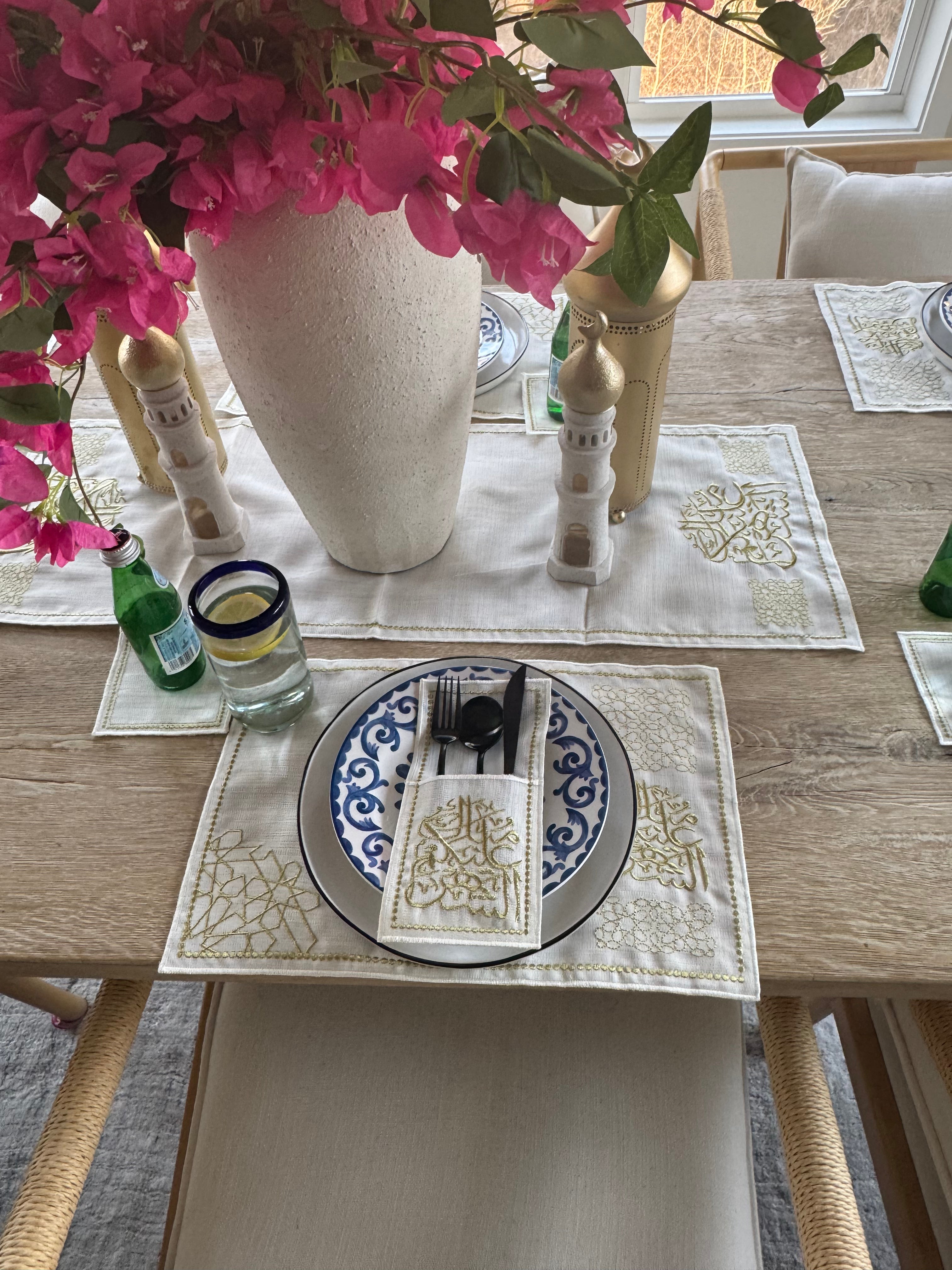 Linen Ramadan Embroidery Gold Linen Placemats Table Runner Coasters Cutlery Pouche