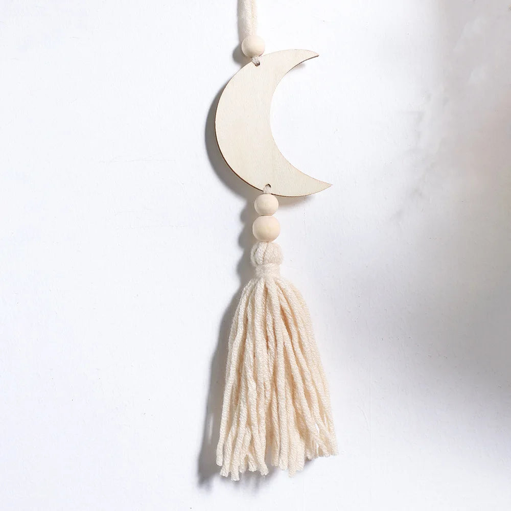 Handmade Wood Chips Cotton Thread Weaving Car Interior Starry Moon Tassels Wooden Beads Home Bedroom Atmosphere Pendants