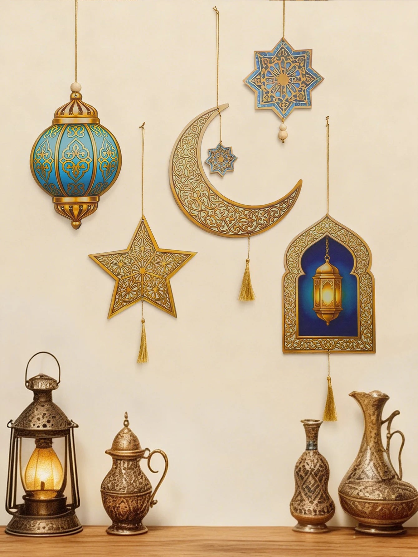 Ramadan Kareem Wall Hanging Decor Islamic Moon Star Lantern Ornaments with Tassel Muslim Festival Decoration for Home Party Gift
