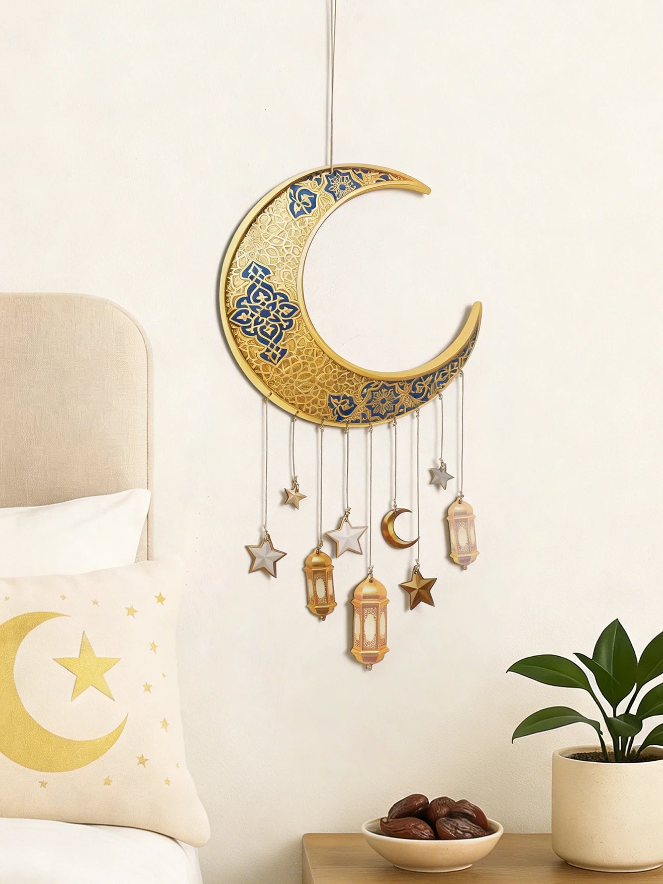 Ramadan Kareem Moon Wind Chime Islamic Star Lantern Wall Hanging Ornament for Muslim Festival Home Party Decoration Pendant Gift