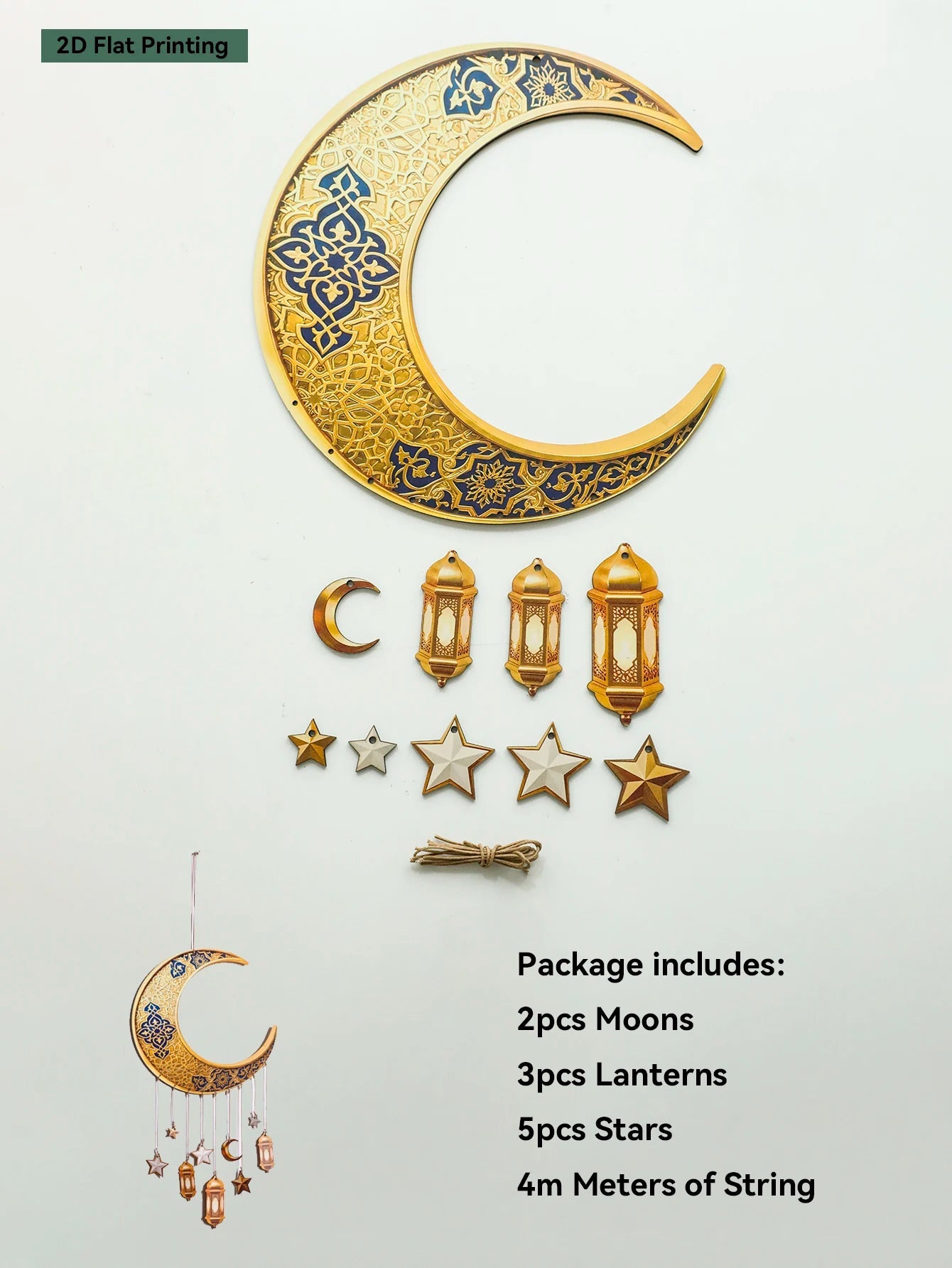 Ramadan Kareem Moon Wind Chime Islamic Star Lantern Wall Hanging Ornament for Muslim Festival Home Party Decoration Pendant Gift