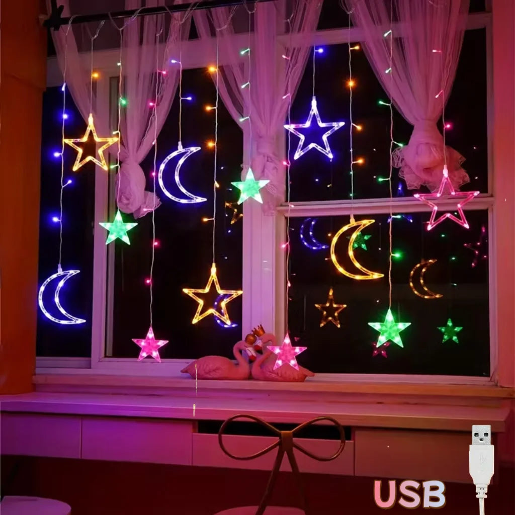 USB LED Star Moon Curtain String Lights