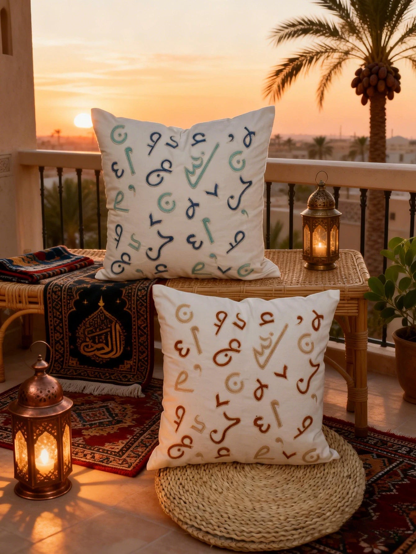 Decorative pillows with Arabic calligraphy on a balcony with sunset and palm trees.