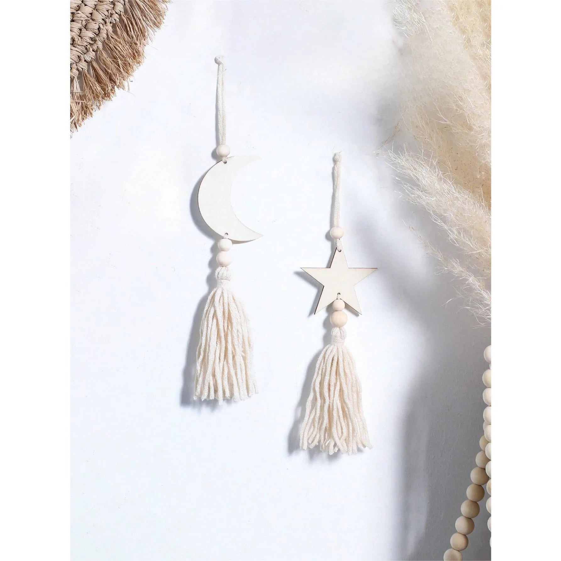 Handmade Wood Chips Cotton Thread Weaving Car Interior Starry Moon Tassels Wooden Beads Home Bedroom Atmosphere Pendants 