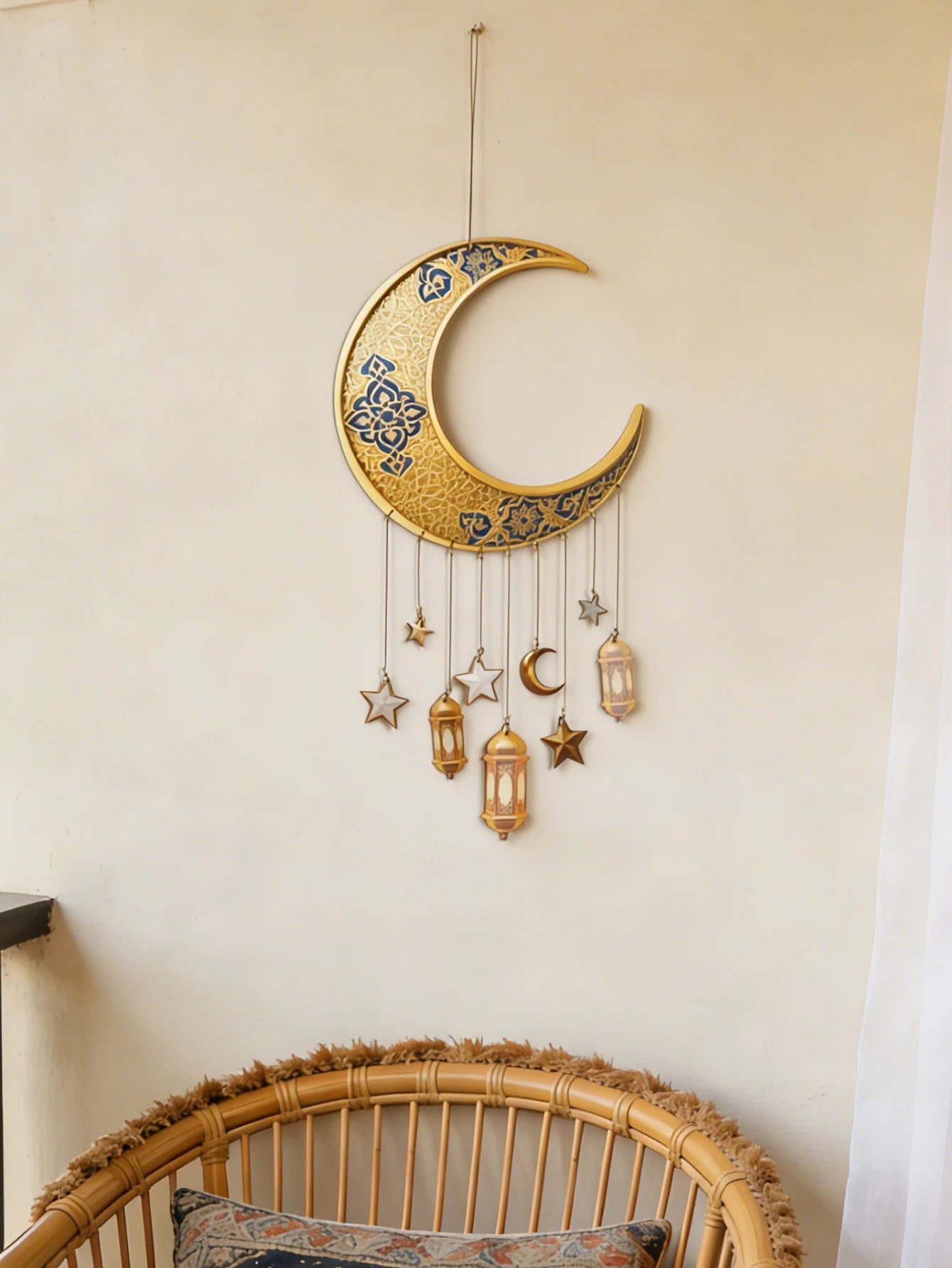 Ramadan Kareem Moon Wind Chime Islamic Star Lantern Wall Hanging Ornament for Muslim Festival Home Party Decoration Pendant Gift 
