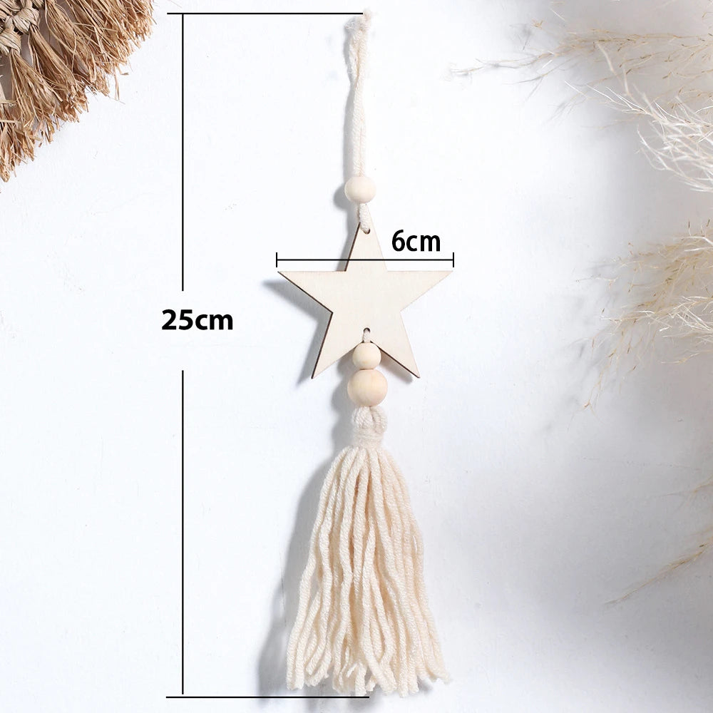 Handmade Wood Chips Cotton Thread Weaving Car Interior Starry Moon Tassels Wooden Beads Home Bedroom Atmosphere Pendants 