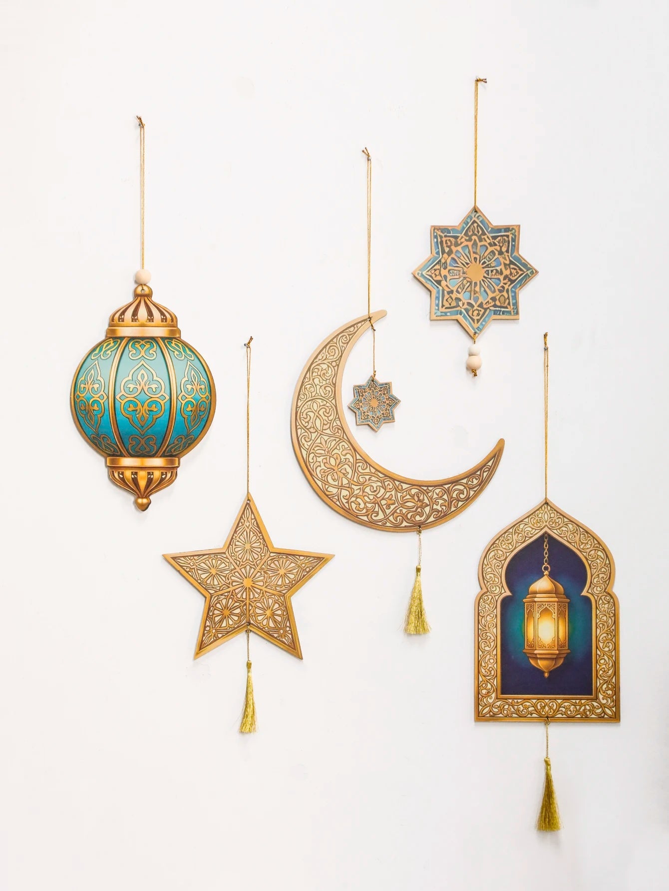 Ramadan Kareem Wall Hanging Decor Islamic Moon Star Lantern Ornaments with Tassel Muslim Festival Decoration for Home Party Gift 