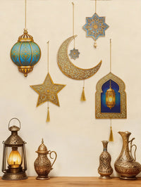 Ramadan Kareem Wall Hanging Decor Islamic Moon Star Lantern Ornaments with Tassel Muslim Festival Decoration for Home Party Gift 