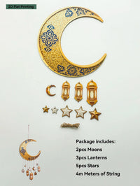 Ramadan Kareem Moon Wind Chime Islamic Star Lantern Wall Hanging Ornament for Muslim Festival Home Party Decoration Pendant Gift 