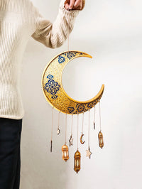 Ramadan Kareem Moon Wind Chime Islamic Star Lantern Wall Hanging Ornament for Muslim Festival Home Party Decoration Pendant Gift 