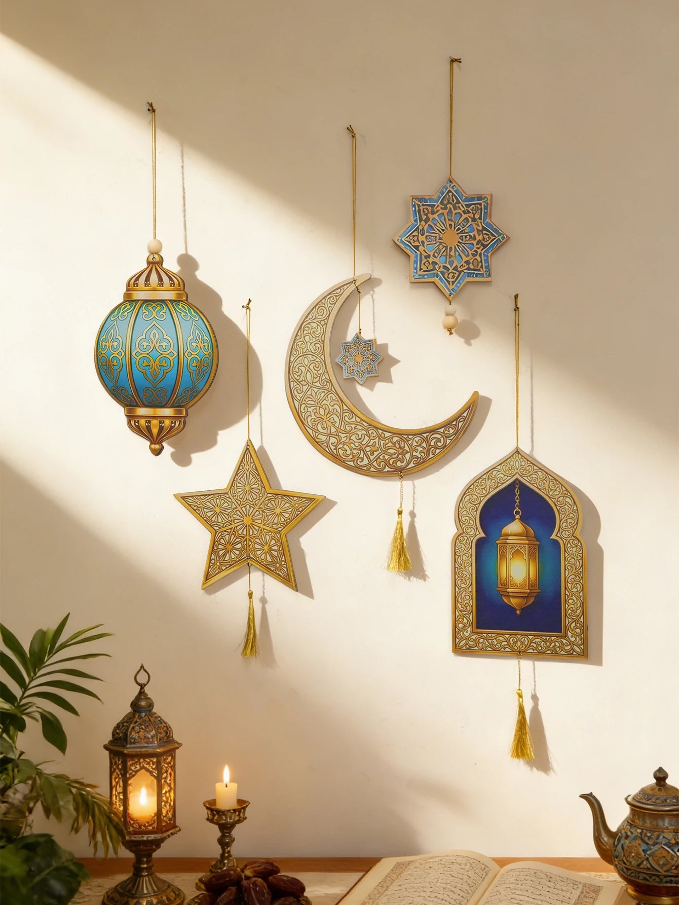Ramadan Kareem Wall Hanging Decor Islamic Moon Star Lantern Ornaments with Tassel Muslim Festival Decoration for Home Party Gift 