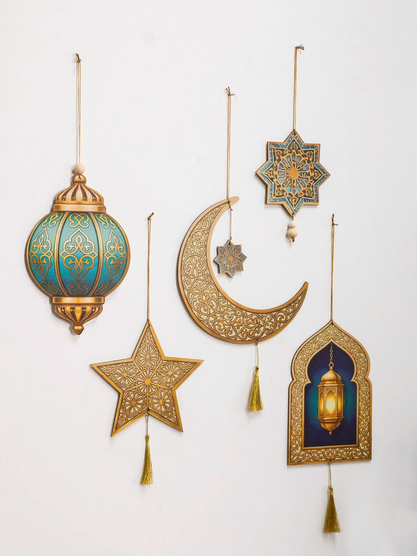 Ramadan Kareem Wall Hanging Decor Islamic Moon Star Lantern Ornaments with Tassel Muslim Festival Decoration for Home Party Gift 
